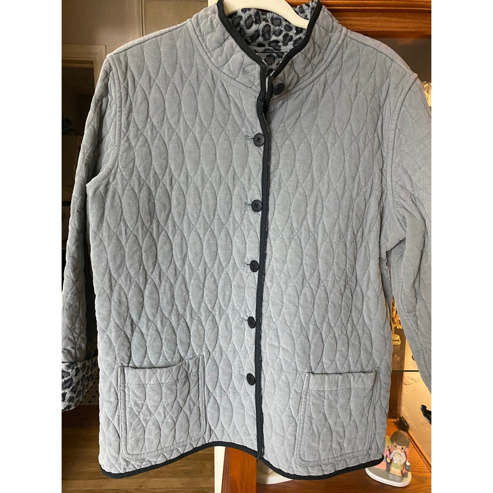Reversible Quilted Corduroy Jacket Grey Leopard Print Mock Neck Button Front L